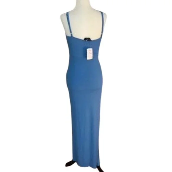 NEW Blue Size Small Tie Front Cutout Bodycon Maxi Dress Slit Spaghetti Strap - Picture 6 of 6